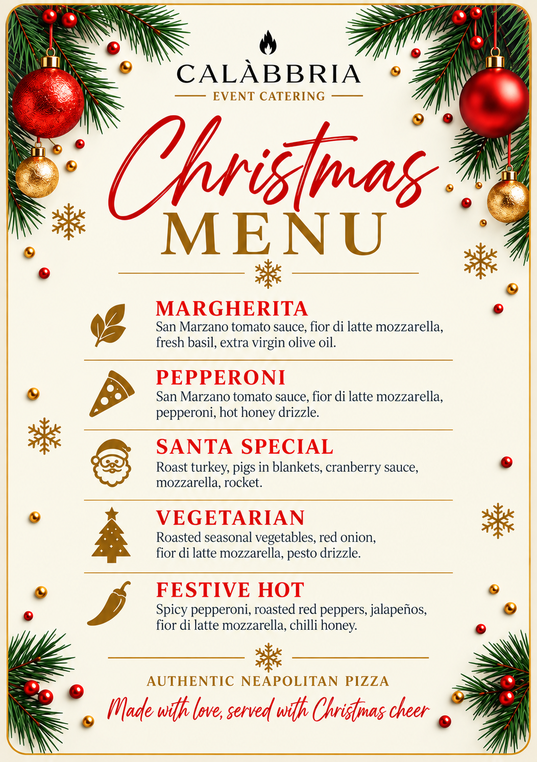Christmas Menu — Margherita, Pepperoni, Santa Special, Vegetarian, Festive Hot